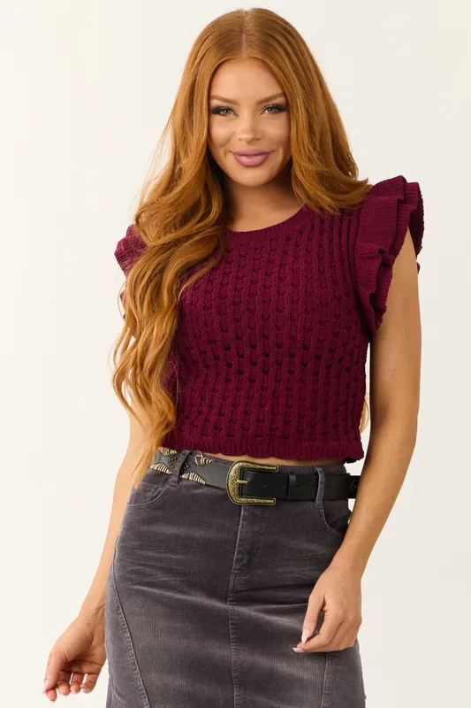 Wine Open Sweater Knit Ruffle Sleeve Top - THE VINTAGE SHOP