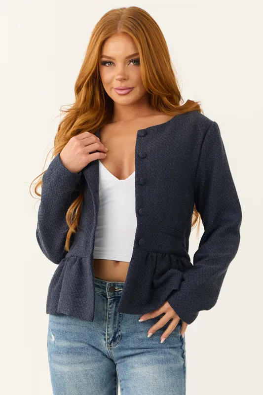 Navy Button Down Ruffle Hem Long Sleeve Cardigan - Vanilla Bay