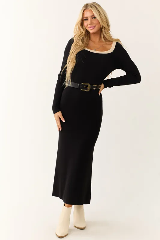 Black Contrast Neckline Bow Shoulder Maxi Dress - Vanilla Bay