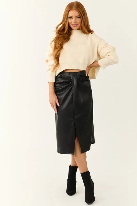 Black Faux Leather Pleating Detail Midi Skirt - ABLE USA