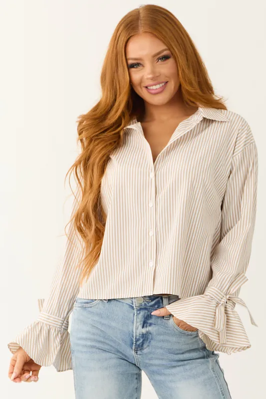 Off White and Beige Striped Button Down Top - Vanilla Bay
