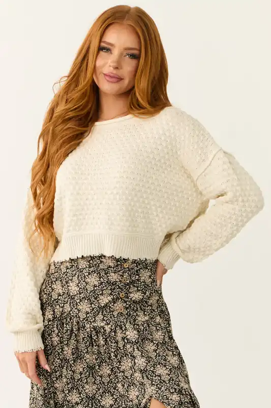 Cream Patterned Knit Mid Length Sweater - HYFVE