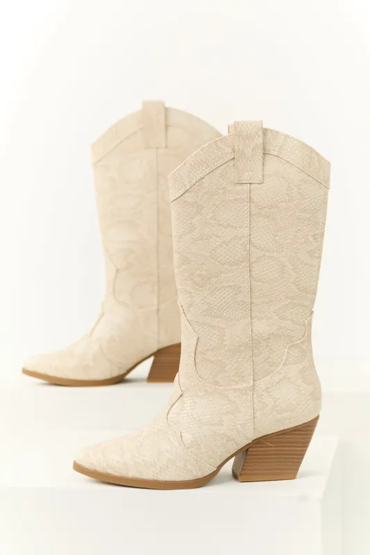 Vanilla Snakeskin Pattern Tall Western Boot - FORTUNE DYNAMIC