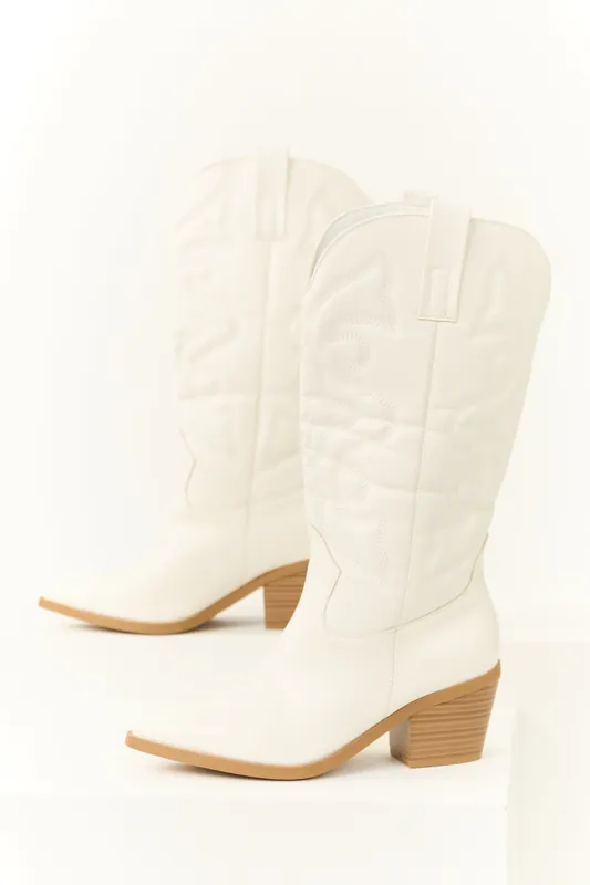Ivory Faux Leather Pointed Toe Western Boots - JP ORIGINAL CORP