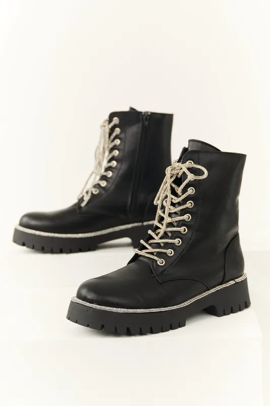 Black Rhinestone Detail Platform Combat Boots - JP ORIGINAL CORP