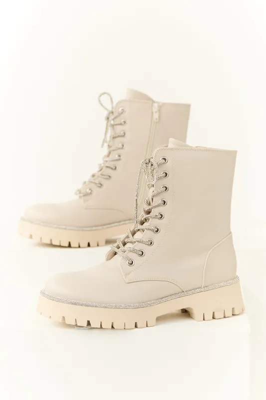 Coconut Rhinestone Detail Platform Combat Boots - JP ORIGINAL CORP