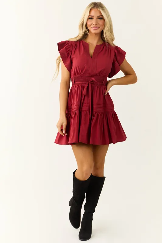 Maroon Ruffle Short Sleeve V Neck Mini Dress - Baby Pink