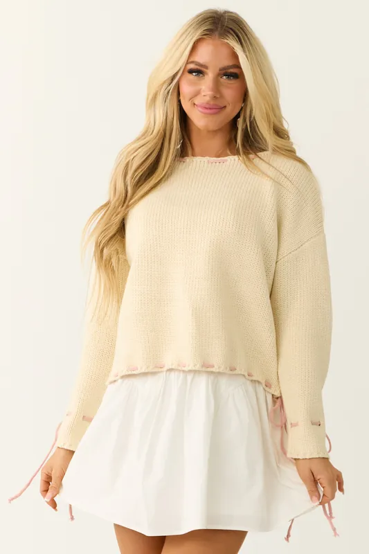 Cream Contrast Cinched Thread Knit Sweater - Paper Moon