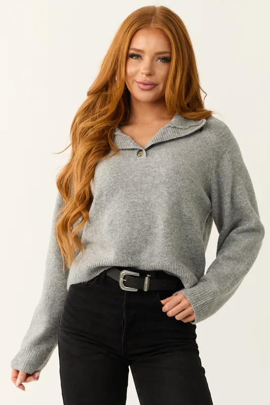 Steel Mock Neck Half Button Up Knit Sweater - Paper Moon