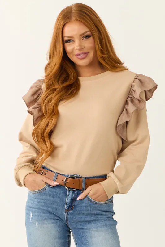 Oatmeal Ruffle Shoulder Detail Long Sleeve Top - Lime 'N' Chili