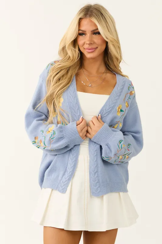 Powder Blue Floral Embroidered Knit Cardigan - Miss Sparkling