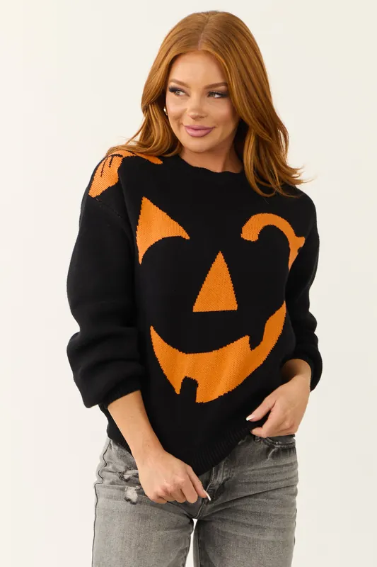 Black Jack-O-Lantern Graphic Soft Knit Sweater