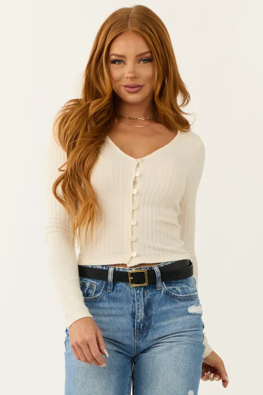 Cream Stretchy Knit Fitted Button Down Top - HYFVE