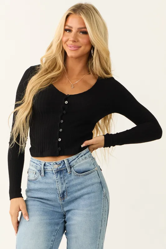 Black Stretchy Knit Fitted Button Down Top - HYFVE
