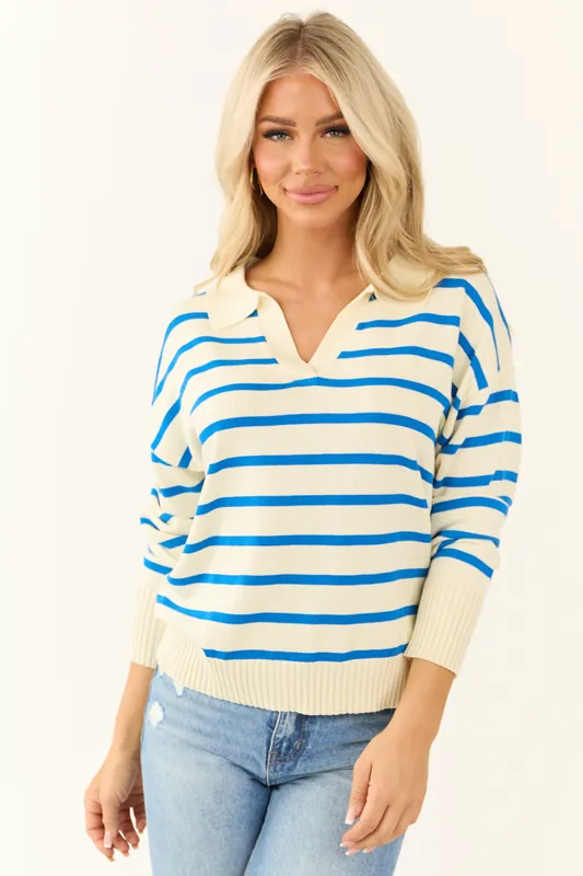 Cream and Sapphire Striped Collared V Neck Sweater - Miss Sparkling