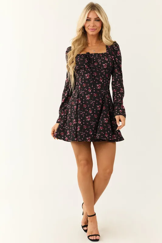 Black Long Sleeve Floral Print Mini Dress - B Right