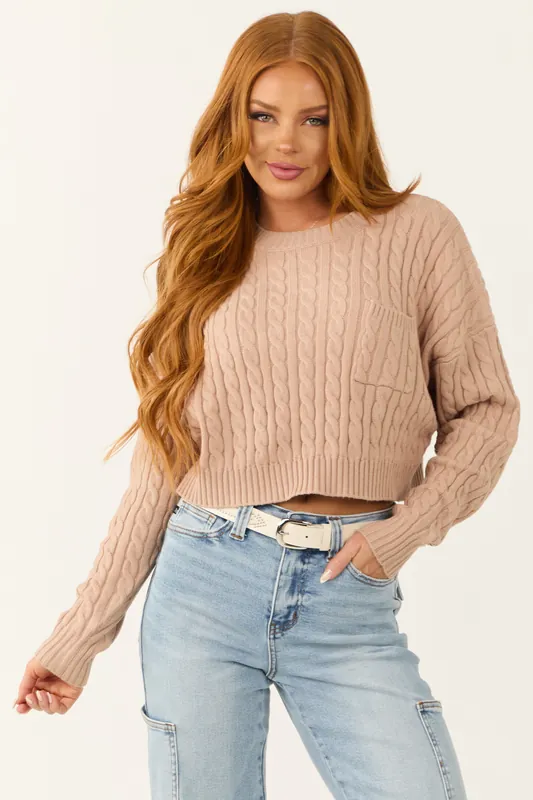 Latte Cropped Soft Cable Knit Sweater - LE LIS
