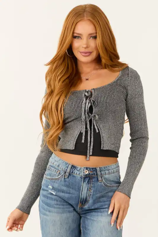 Metallic Silver and Black Open Front Tie Cropped Top - LE LIS