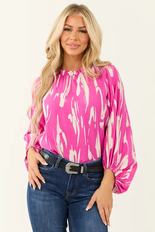 Fuchsia Abstract Print Long Puff Sleeve Top - Jodifl