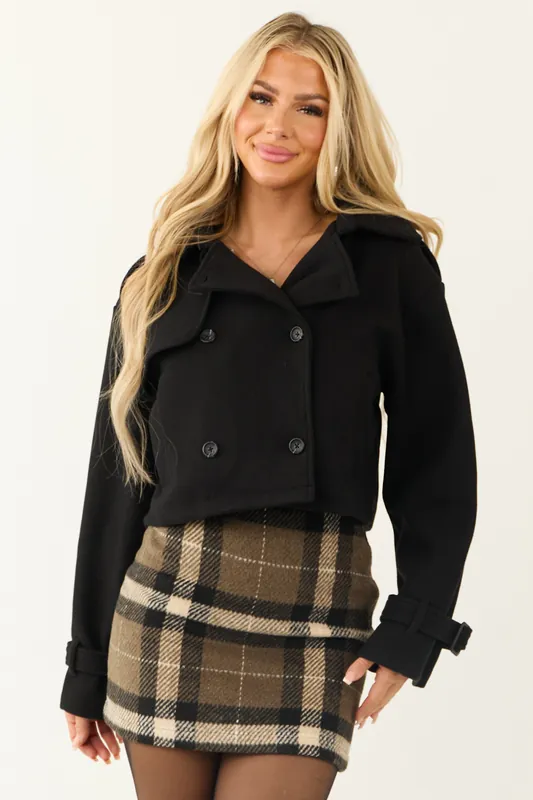 Black Double Breasted Cropped Coat with Collar - Shop Iris
