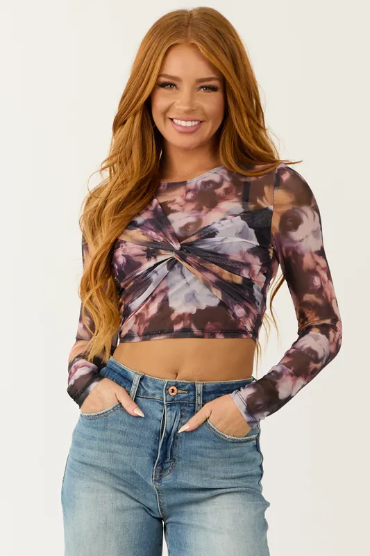 Black and Wine Floral Print Front Knot Mesh Crop Top - Shop Iris