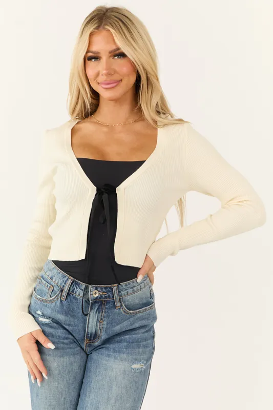 Cream Contrast Ribbon Tie Knit Cardigan - LE LIS