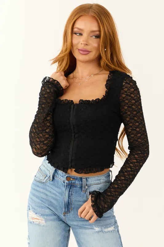 Black Square Neck Lace Fitted Corset Top - LE LIS