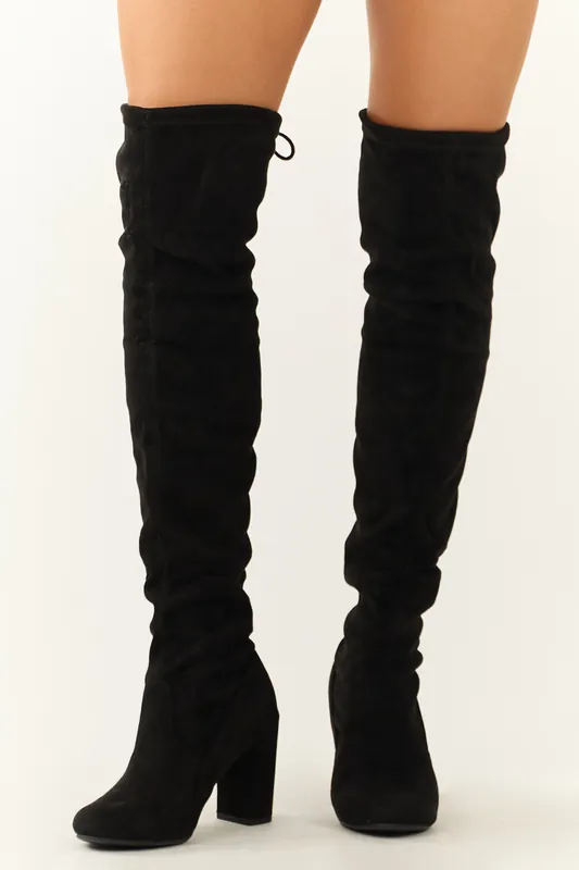 Black Over the Knee Microsuede Drawstring Boots - FORTUNE DYNAMIC