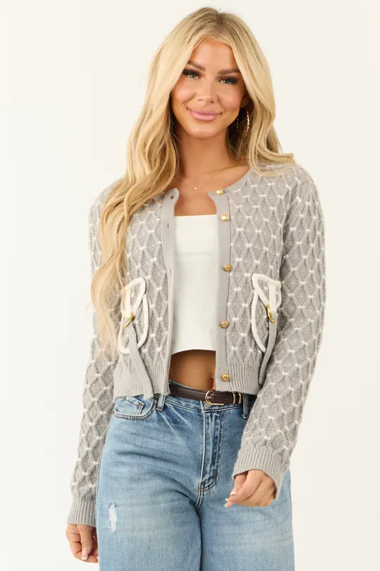Dove Grey and White Button Down Textured Cardigan - Baby Pink