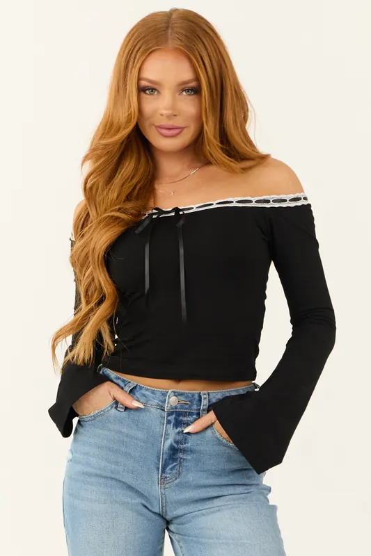 Black Off the Shoulder Lace Trim Flare Cuffs Top - Tictoc