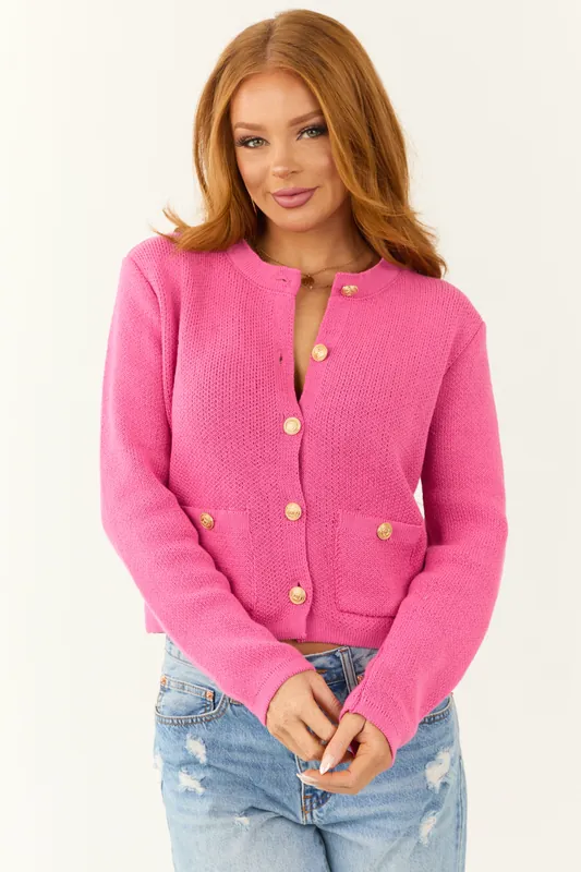 Fuchsia Button Down Long Sleeve Knit Cardigan - One Fashion