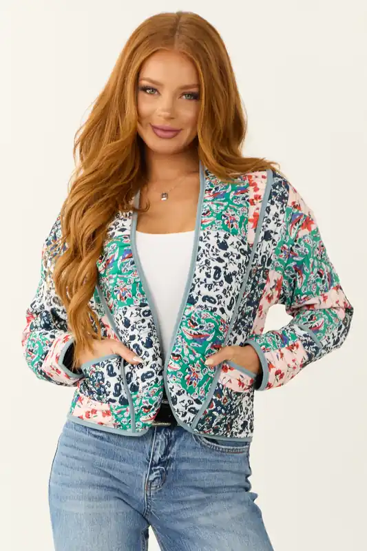 Slate Blue Floral Multiprint Quilted Jacket - One Fashion