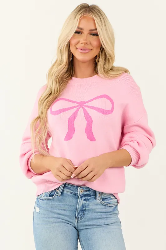Bright Carnation Bow Graphic Puff Sleeve Sweater - One Fashion