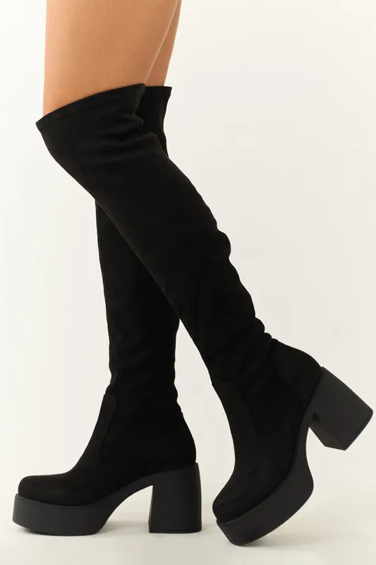 Black Chunky Heel Faux Suede Knee High Boots - FORTUNE DYNAMIC
