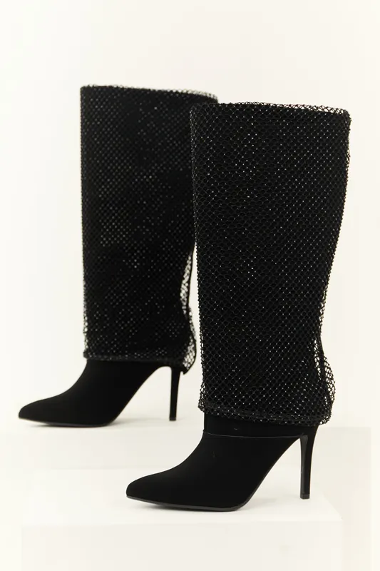 Black Mesh Overlay Stiletto Knee High Boots - FORTUNE DYNAMIC