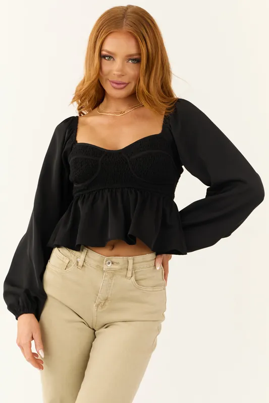 Black Long Puff Sleeve Sweetheart Neck Babydoll Top - LE LIS