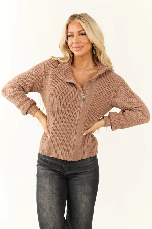Rose Taupe Asymmetrical Collar Zip Up Jacket - Staccato