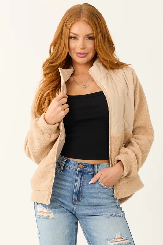 Beige Sherpa Quilted Zip Up Mock Neck Jacket - Staccato