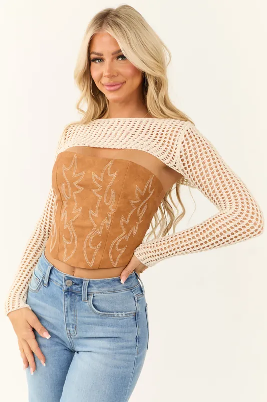 Ivory Lattice Shrug Long Sleeve Sweater Knit Top - ANGIE