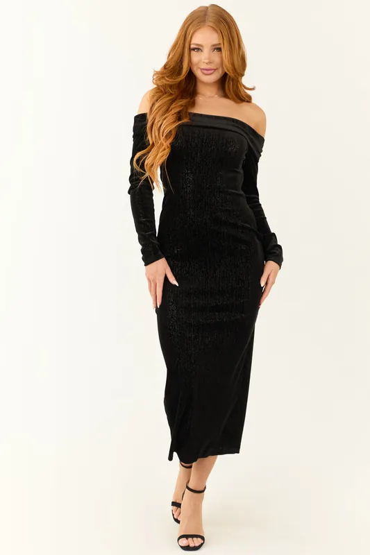 Black Shimmery Velvet Off Shoulder Midi Dress - HYFVE