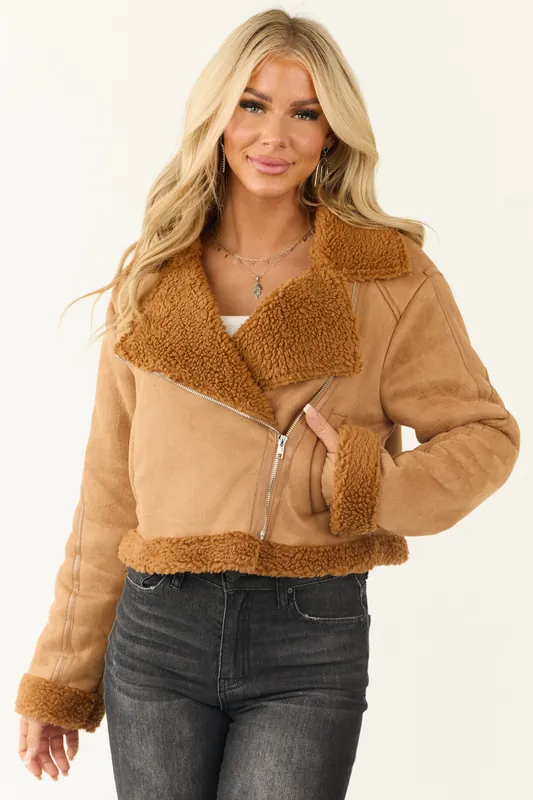 Cognac Sherpa Lined Faux Suede Jacket - HYFVE