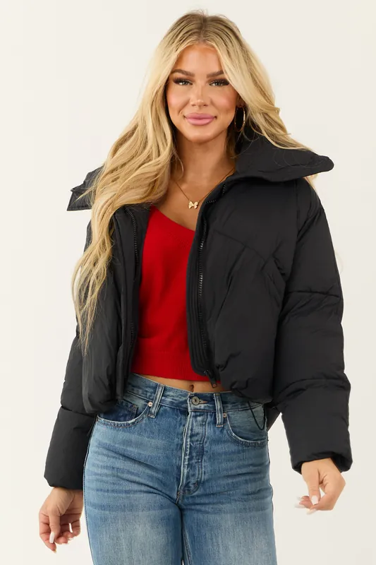 Black Mock Neck Puffer Sleeve Jacket - HYFVE