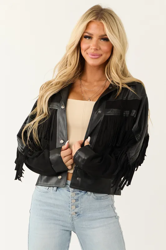Black Faux Suede Fringe Detail Button Up Jacket - HYFVE