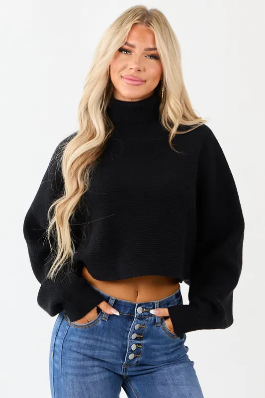 Black Turtleneck Cropped Thick Sweater - HYFVE