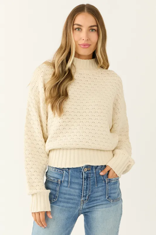 Cream Textured Knit High Neck Sweater - HYFVE