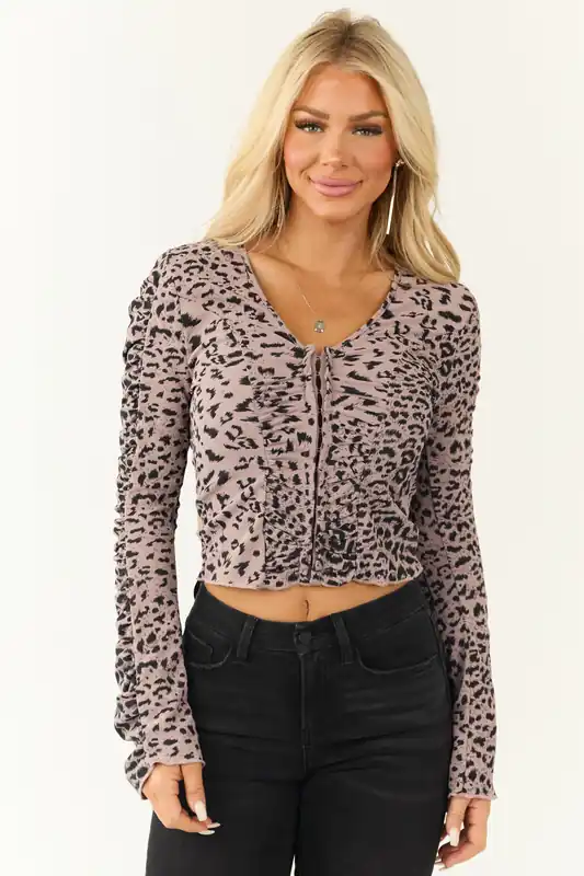 Mauve Leopard Print Ruched Long Sleeve Top - HYFVE