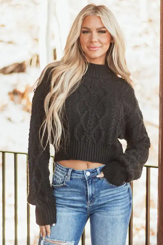 Black Mock Neck Cable Knit Sweater - HYFVE