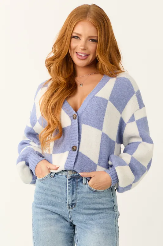 Dusty Blue and Ivory Checkered Print Cardigan - HYFVE