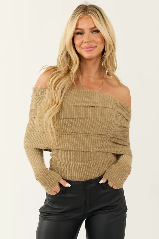 Peanut Textured Off Shoulder Long Sleeve Top - HYFVE