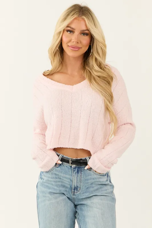 Blush Long Sleeve V Neck Textured Knit Sweater - HYFVE